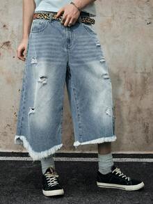 ROMWE MEN Grunge Punk 男士不对称蓝色水洗破洞口袋牛仔短裤 - 藍色 - 查看 1