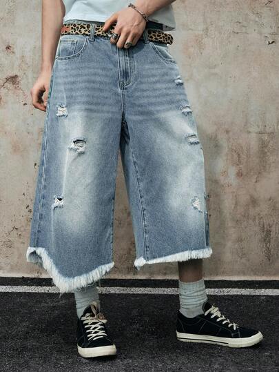 ROMWE MEN Grunge Punk Men's Asymmetrical Blue Washed Ripped Pocket Denim Shorts