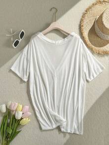SHEIN Swim Vcay 2026新款女士夏季沙滩度假休闲宽松V领半透明性感露肩特殊面料T恤罩衫 - 白色 - 查看 2