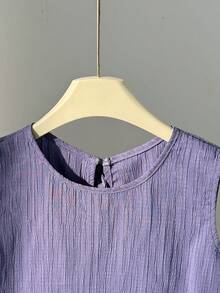 SHEIN 少女T恤套装，休闲纯色荷叶边刺绣蝴蝶结后背装饰无袖上衣和短裤两件套，适合海滩度假、日常穿着，紫色 - 淡紫色 - 查看 4