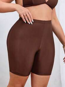 Swim SPRTY Plus Size Women's Solid Color Casual Swim Shorts Bikini Bottoms Butt Lifting Shorts - Brown - View 4