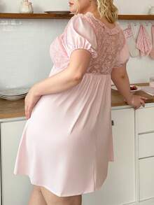 Slumberry CURVE Sweet Ins Lace Patchwork Doll Style Bubble Wrinkle Plus Size Short A-Line Nightgown - Pink - View 2