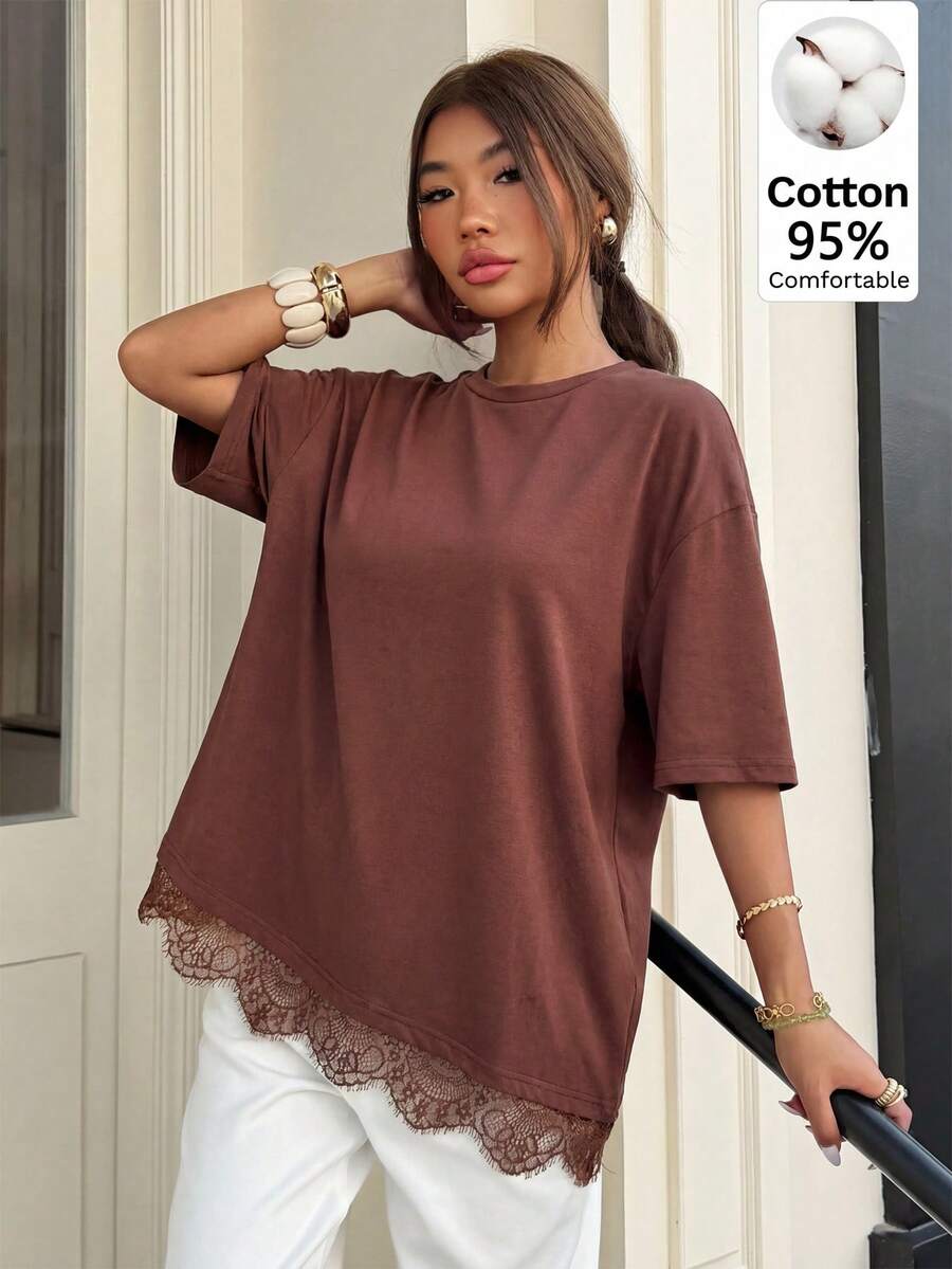 Muchica 女士春夏新款蕾丝拼接T恤,适合日常通勤、约会、聚会、秋冬季、圣诞节、新年、感恩节、派对、婚礼、海滩、毕业典礼等场合,时尚优雅,休闲百搭,适合外出、约会、预订、通勤、情人节、度假、休闲、Y2K、毕业典礼等场合。 - 彩色 - 查看 1