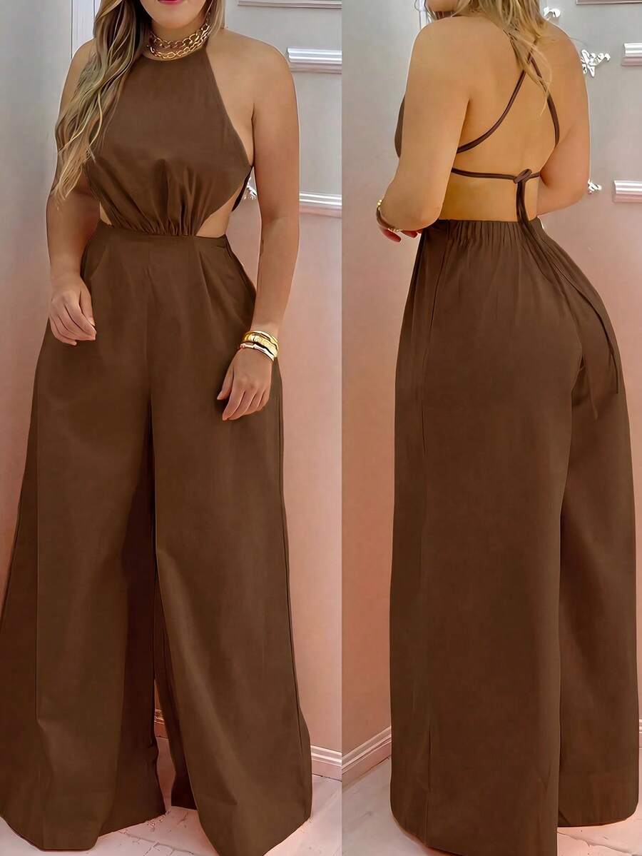 Mono de pierna recta con cuello de halter y espalda descubierta para mujer, de uso casual - Café integral - Ver 1