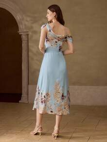 MOTF PREMIUM VESTIDO AJUSTADO DE CINTURA CON HOMBROS DESCUBIERTOS, CUELLO DRAPEADO Y ESTAMPADO, PRIMAVERA/VERANO - Multicolor - Ver 3