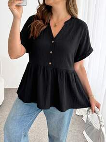 Shapeblank Áo kiểu babydoll cổ chữ V tay ngắn màu đen dành cho nữ cỡ lớn, phong cách xuân/hè, thoải mái, thoáng mát, đa năng, tôn dáng, thích hợp mặc hàng ngày, kiểu dáng cơ bản, đơn giản, thích hợp mặc đi chơi, phong cách mùa hè châu Âu. - màu đen - Xem 3