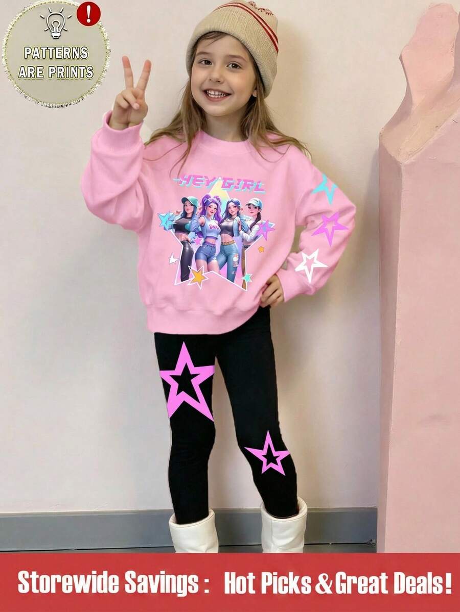 SHEIN Set de 2 piezas: Sudadera de manga larga con cuello redondo con estampado de letra y estrella de grupo musical K-POP colorido para niña joven y pantalones leggings con estampado de estrella, adecuado para salidas en otoño/invierno - Multicolor - Ver 1