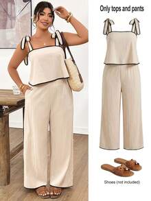 Lounesse 大码女式休闲通勤系带露肩吊带背心和裤子两件套 - 杏色 - 查看 8