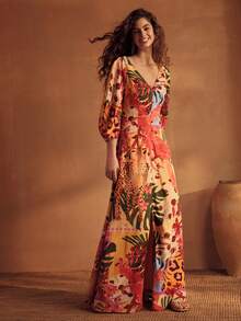 MOTF PREMIUM VESTIDO LARGO DE PUNTO CON ESTAMPADO DE LINO Y ABERTURA FRONTAL PARA MUJER, VACACIONES - Multicolor - Ver 4