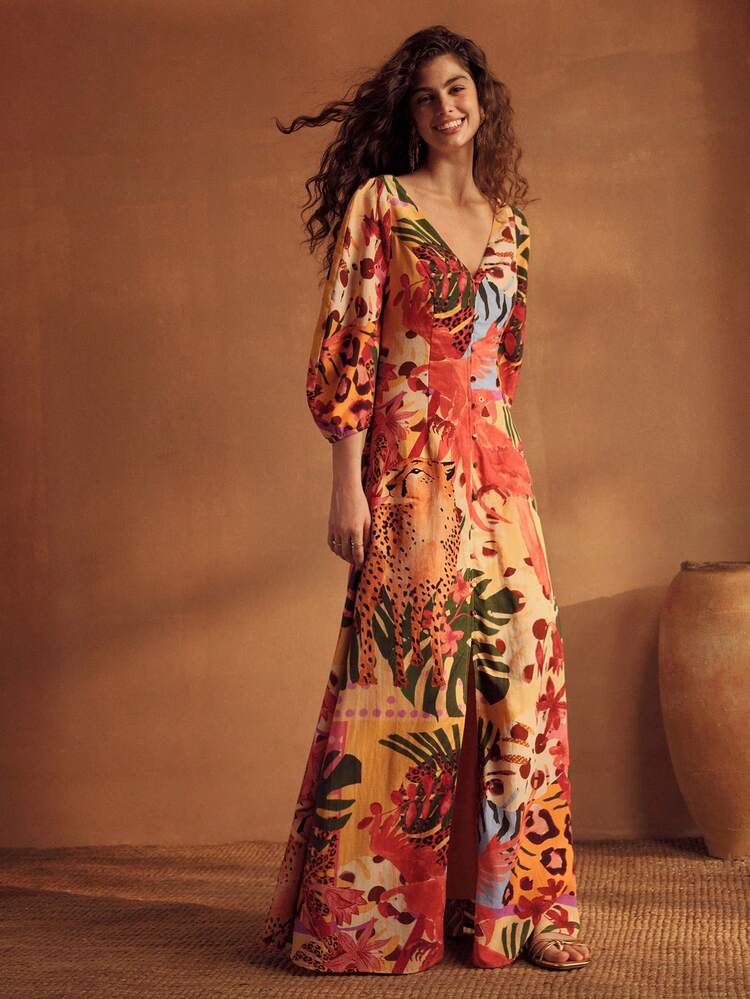 WOMEN'S LINEN PRINTED OPEN FRONT KNIT MAXI DRESS, VACATION