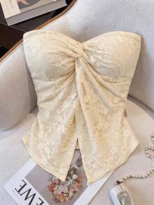 GlowEve 女士时尚蕾丝抹胸上衣，扭结腰身，不对称下摆，浪漫优雅休闲度假旅行外出派对上衣，春夏款 - 杏色 - 查看 1