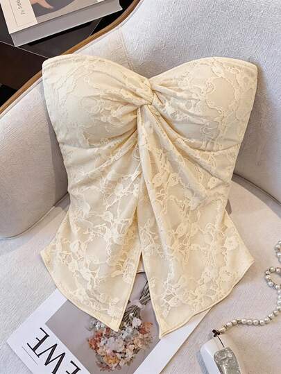 GlowEve 女士时尚蕾丝抹胸上衣，扭结腰身，不对称下摆，浪漫优雅休闲度假旅行外出派对上衣，春夏款