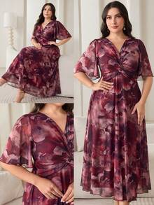Modelyn Plus Size Women Floral Print Twist Front Short Sleeve Elegant Midi Dress - Red Violet - View 2