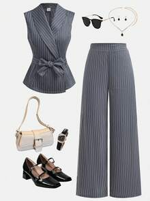 SHEIN Girlism Bộ đồ 2 mảnh dành cho nữ tuổi teen, áo blazer không tay cổ ve màu xám đậm kẻ sọc và quần dài, thích hợp cho các dịp trang trọng mùa hè, thanh lịch, tiệc tùng, hẹn hò, họp mặt gia đình quan trọng. - Màu xám đen - Xem 4