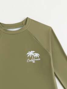 SHEIN Tween Boys 2-Piece Swimwear Set,Olive Green,Summer,Funny,Vacation,Holiday Long Sleeve Rashguard With Palm Tree Print & Striped Swim Trunks,Beach Pool - Dark Green - View 4