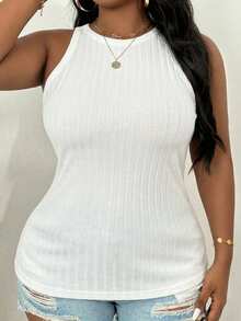 Slaydiva Plus Size Women Summer Casual Commuting Minimalist Solid Color Ribbed Knit Fitted Tank Top - White - View 7