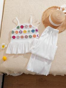 SHEIN Tween Girls Back To School Summer Casual Vacation Holiday White Tropical Knit Set Camisole - White - View 8