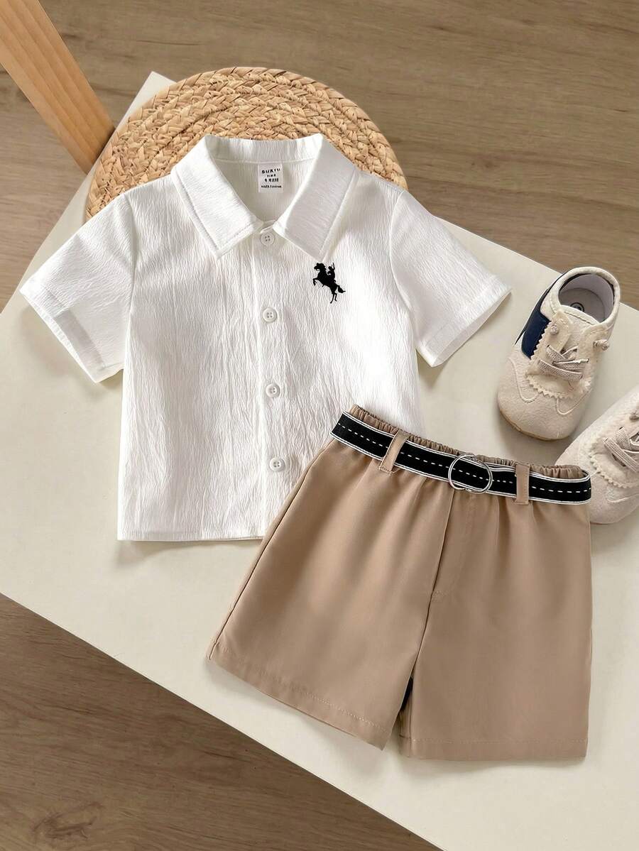 2件套男婴马图案翻领短袖衬衫和松紧腰短裤 - 白色 - 查看 1