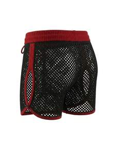 Manfinity Swimmode Men's Contrast Color Hollow Out Breathable Minimalist Shorts Summeroutfit Crochet Shorts Men Japanese Design Men Beach Shorts Knit Two Pieces Set Men Shorts Comfy Beach Shorts For Men Summer Shorts For Women Knitted Shorts Ribbed Shorts Shorts For Men Casual Women's Shorts Summer Holiday / Vacation / Beach / Hawaii / Tropical / Swim /  Bathing Black Cover Up Shorts Fish Net Shorts Workout Sets Women Short - Black - View 4