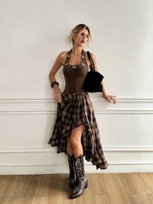SHEIN Damen sexy Straßen-Metalring-Dekor ärmelloses figurbetontes gestricktes Camisole Top, modisch vielseitig schlanke Passform Unterhemd für Musikfestivals, tiefes Kaffeebraun - Kaffeebraun - Übersicht 6