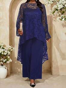 Fleurora Women's Plus Size Navy Lace Long Sleeve Asymmetrical Tunic Top And Wide Leg Pant Set - Navy Blue - View 7