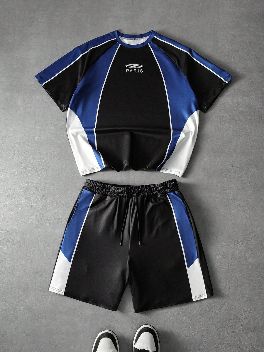 PAVTROS 男士夏季套装,运动街头风拼接宽松短袖短裤足球服套装 - 彩色 - View 1