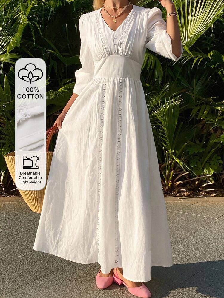 Women's Elegant Lace Patchwork V-Neck Petal Sleeve Mid-Length Dress, Spring/Summer