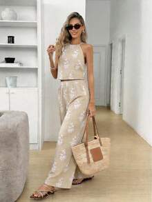 Easowa Women's Vacation Embroidered Halter Top And Wide Leg Pants Casual 2 Pieces Set Two Piece Set For Women Coords For Women Casual Classy Apricot Halter-Neck Top And Long Pants Set Birthday Outfits For Women Jumpsuit Floral Jumpsuit For Women Elegant Jumpsuits For Woman Elegant For Party Rompers And Jumpsuits For Women Backless Jumpsuits Vacation Outfits Women - Khaki - View 2