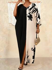 Villa Velisse Plus Size Elegant Party Colorblock Floral Print Batwing Sleeve Dress - Multicolor - View 3