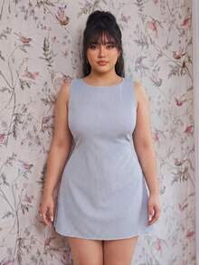 CovetEZ Plus Size Women Black & White Striped Sleeveless Mini Dress - Green - View 7
