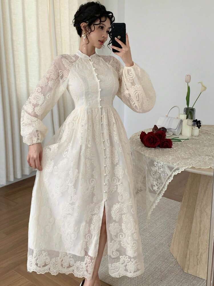 Elegant Waist-Cinched White Lace Dress, Suitable For Spring & Summer