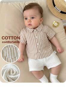 SHEIN Baby Boy Casual Striped Short Sleeve Shirt And Elastic Waist Shorts Set - Beige - View 1