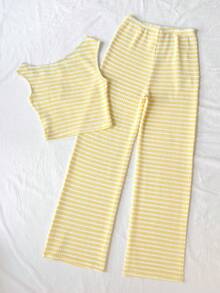 SHEIN 少女休閒條紋海星刺繡不對稱領背心與長褲兩件套 夏季套裝 春季穿搭 - 黃色 - 查看 2