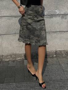 DAZY 迷彩美人鱼荷叶边下摆休闲街头风女式夏季半身裙 - 軍綠色 - 查看 6