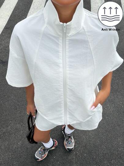 Muchica Ivory Woven Women Short Sleeve Zip Front Top And Shorts Sports Casual Set Zip Up Tracksuit