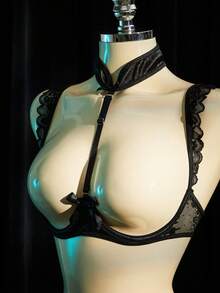 SpicyHot Conjunto de lencería de 5 piezas para mujer con encaje, parches y diseño calado - Negro - Ver 6