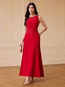 ZEYLAH Embroidered Decor Fitted Waist Dress, Spring/Summer - Red - View 4