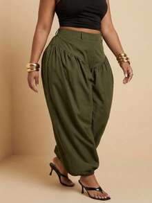 Slaydiva Plus Size Summer Olive Green Smart Casual Holiday Women Long Ruched Lantern Pants,Elegant Commute & Casual,Birthday Party,Oversize Bubble Pants - Green - View 2