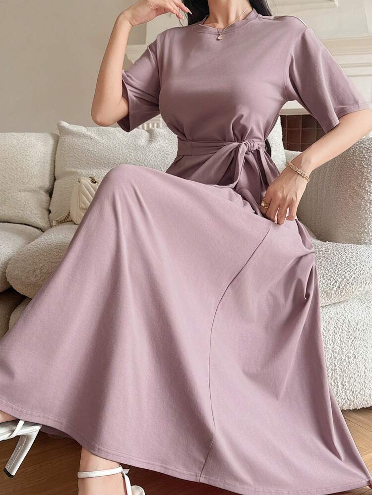 Women's Solid Color Waist Belt Short Sleeve Top And Skirt Casual 2 Pieces Set Summer Lounge Sets For Women
