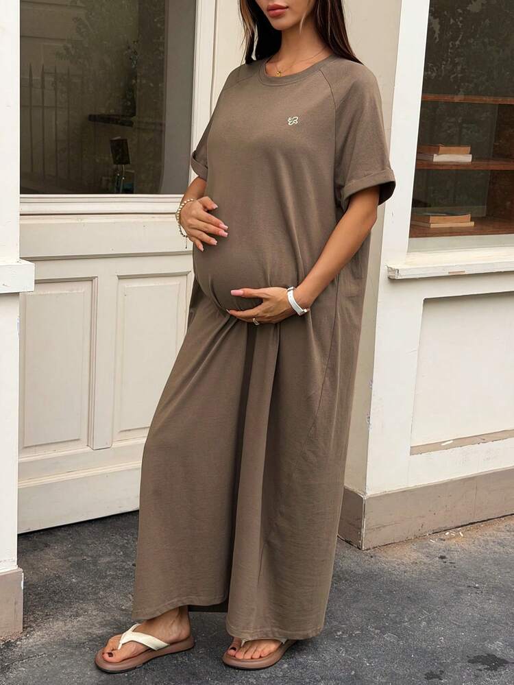 Loose Fit Round Neck Casual Embroidered Pattern Cotton Short Sleeve Dress For Pregnant Women, Spring/Summer
