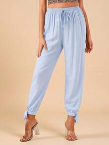 Travachic Split Thigh Knot Hem Solid Pants Spring Summer Clothing - Baby Blue - View 3