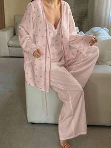 DAZY Set de pijama de 3 piezas con top de tirantes con estampado de moños y ribete de contraste, y pantalón holgado para mujer - Rosa - Ver 4