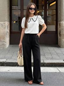 SHEIN Teen Girl Peter Pan Collar Puff Sleeve Shirt And Wide Leg Pants Casual Outfit - Black and White - View 2
