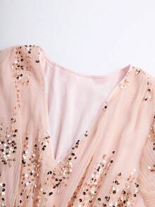Ellevyn V-Neck Short Sleeve Sequin Elegant Summer Dress - Pink - View 3