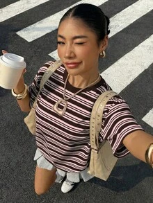 Muchica 女士休闲简约圆领短袖宽松T恤，适合夏季穿着 - 彩色 - 查看 7