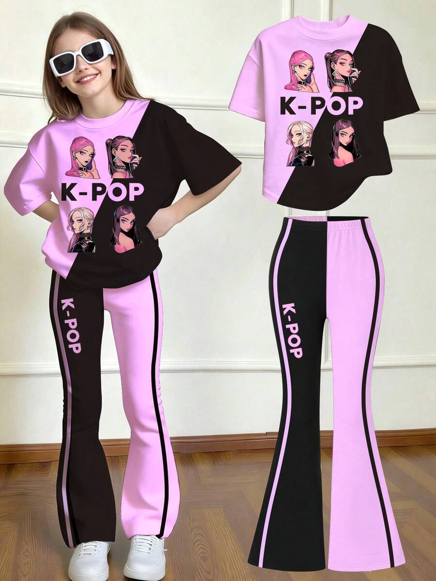 少女春夏休闲时尚创意个性化清爽简约酷炫虚拟少女团体图案印花T恤和喇叭裤套装，舒适日常穿着 - 彩色 - 查看 1