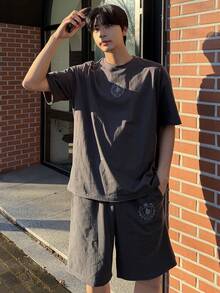 DAZY 男士字母印花灰色短袖T恤和短裤套装，夏季 - 灰色 - 查看 6