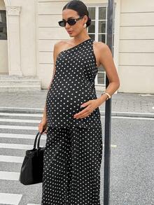 MaterniWear Bộ đồ bầu không tay chấm bi, vai lệch, kiểu dáng thường ngày, 2 món, thích hợp cho mùa hè. - màu đen - Xem 6