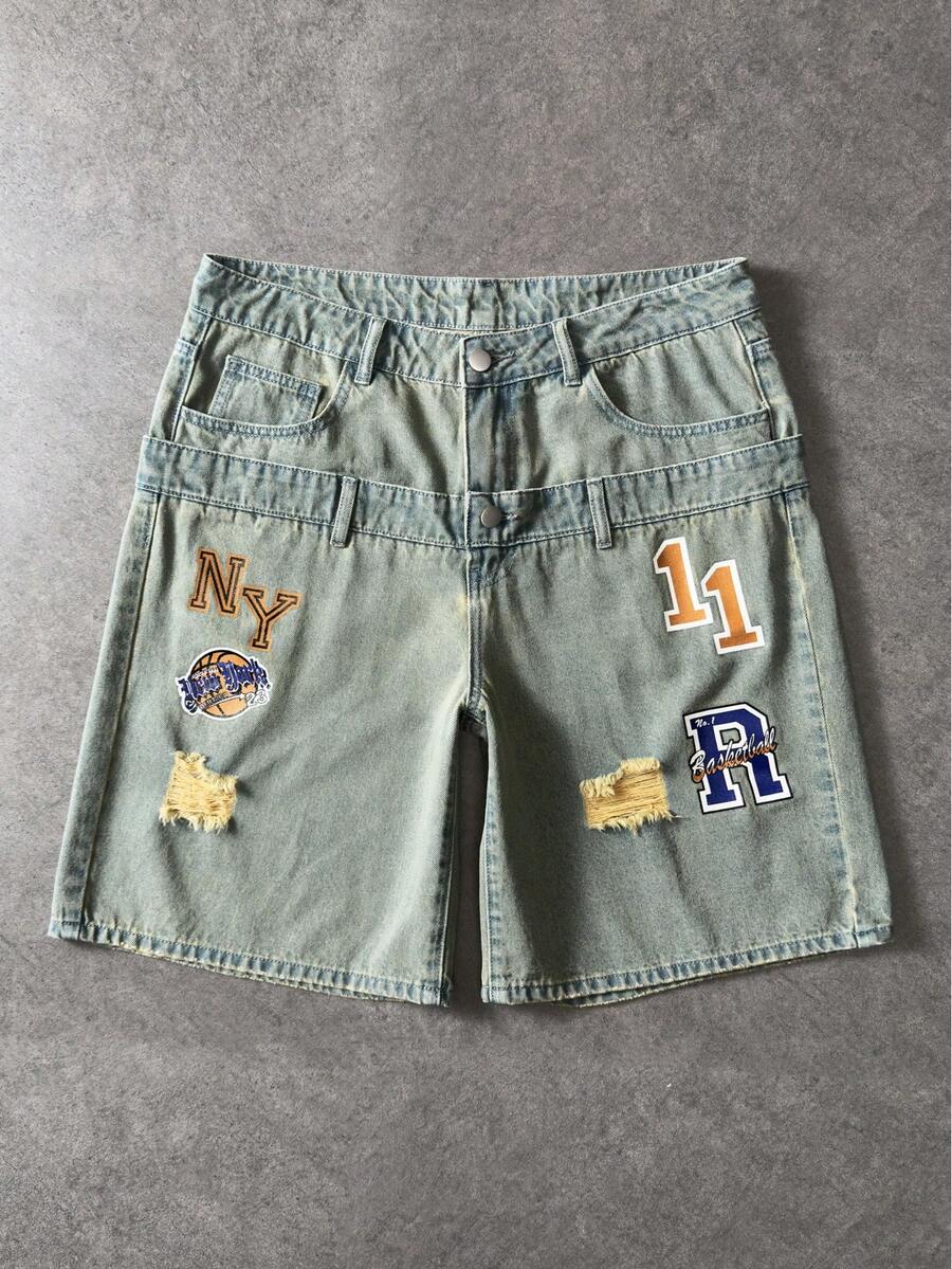 ROMWE MEN Prep Men's Vintage Washed Faded Denim Shorts - Bronze - View 1
