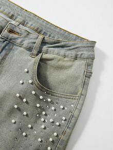 ROMWE MEN Street Life Men's Distressed Vintage Denim Jeans With Rhinestone Decor - Blue - View 6